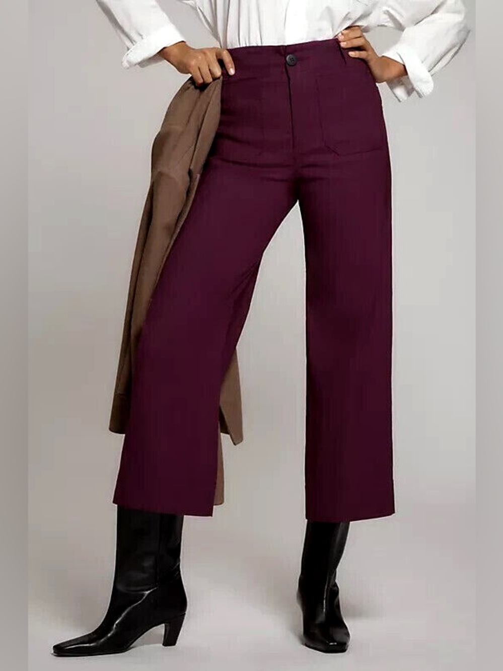 Anthropologie Maeve Colette Wide Leg Crop Pants Burgundy Linen Blend - Size 32